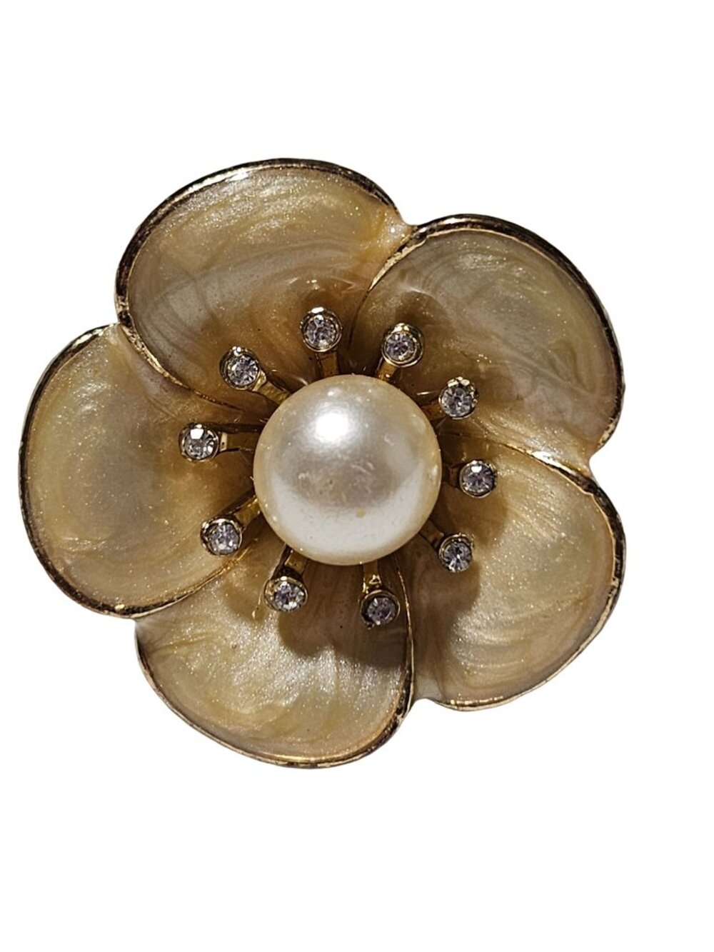 Vintage Flower Ring Faux Pearl Rhinestones Gold Tone Stretch Retro Fashion Women
